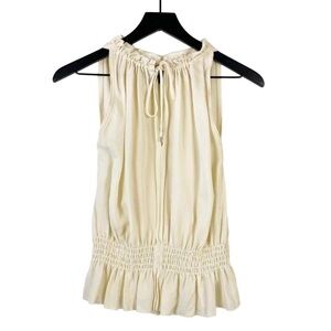 THEORY Cream Silk Sleeveless Blouse with Tie Front Size P Elastic Waist